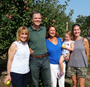 L to R: New Hampshire Gov. Maggie Hassan, owners Andrew Mack Jr., Nancy, Zoey, and Cindy Mack of Mack's Apples in Londonderry. (Bar Lois Weeks photo)